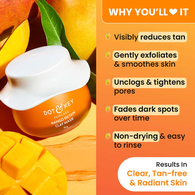 Dot & Key Mango Detan Clay Mask, With Alpha-Arbutin & Niacinamide, Clear Tan, Easy to Rinse Formula