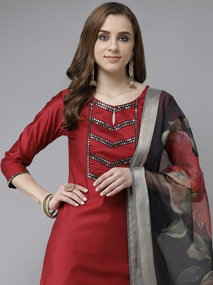 Indyancart IE Women Red & Black Kurta with Trousers & With Dupatta