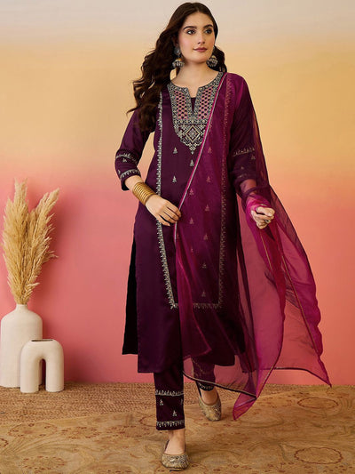 Indyancart SN Women's Floral Zari Embroidered Notch Neck Straight Kurta With Trousers & Dupatta
