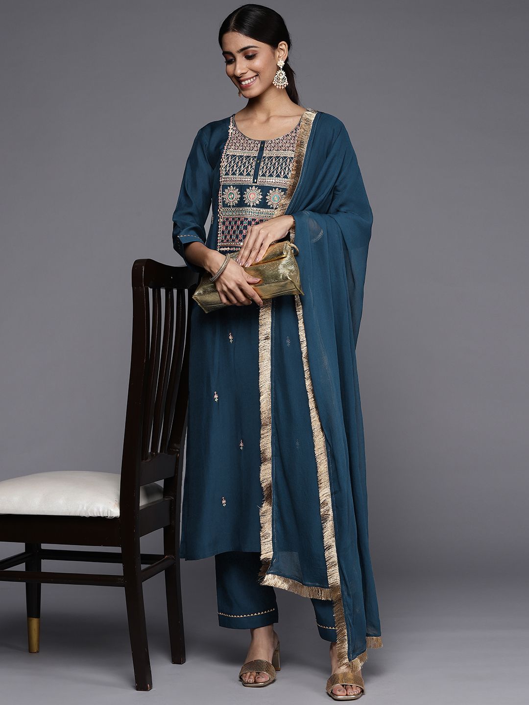 Indyancart VA Women's Teal Ethnic Motifs Embroidered Kurta with Trousers & With Dupatta