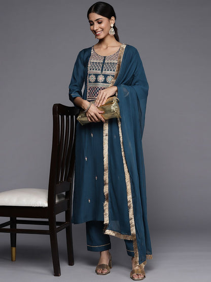 Indyancart VA Women's Teal Ethnic Motifs Embroidered Kurta with Trousers & With Dupatta