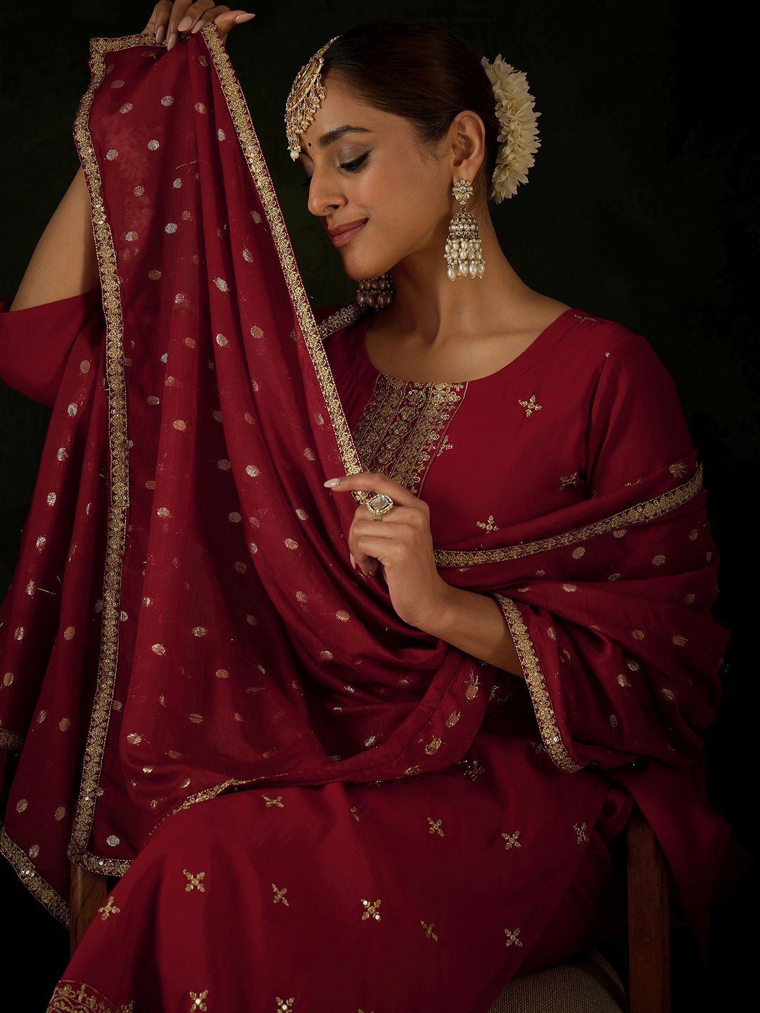 Women Ethnic Motifs Embroidered Regular Sequinned Kurta with Trousers & With Dupatta