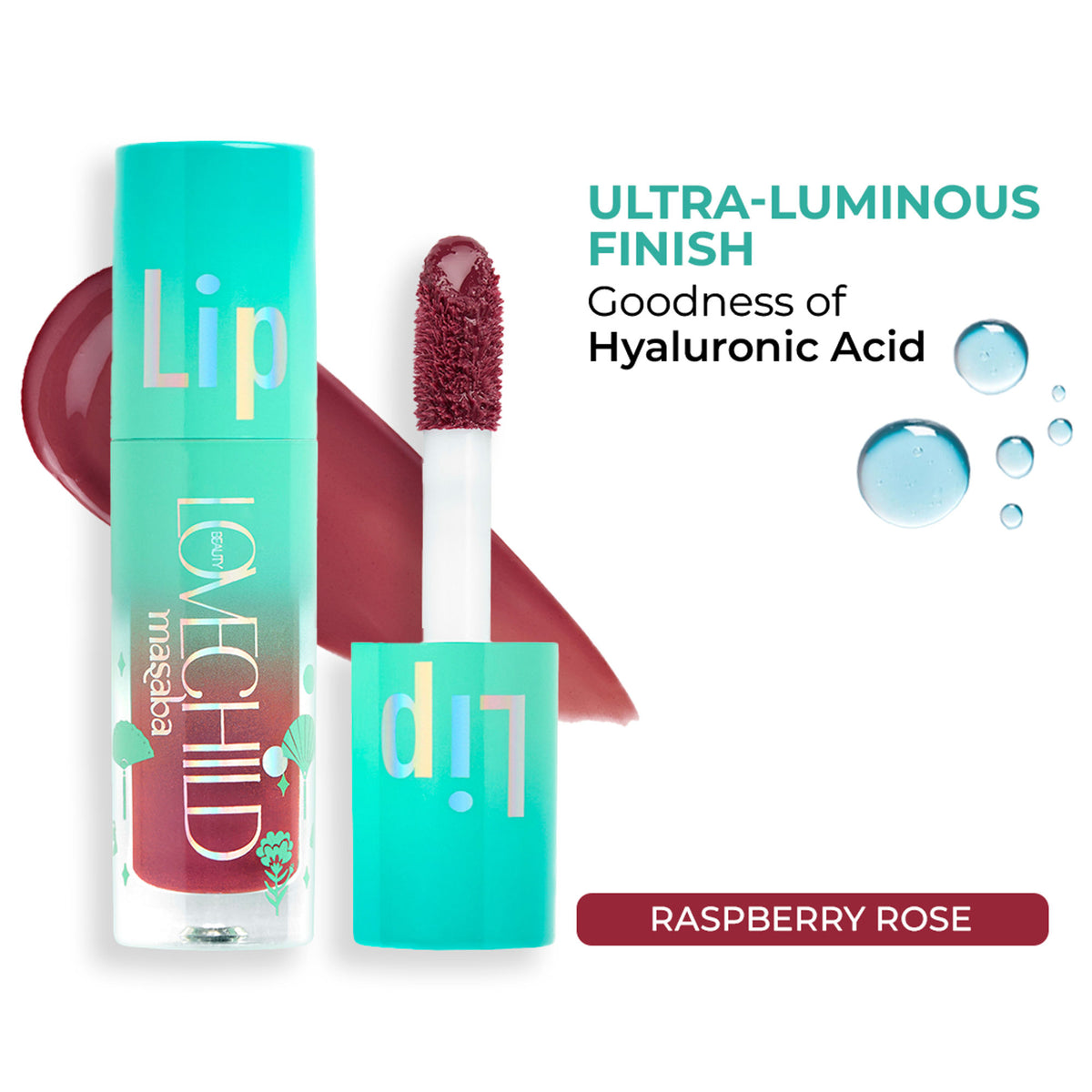 LoveChild Masaba tinted lip gloss gelato with raspberry rose color, enriched with jojoba oil and shea butter.