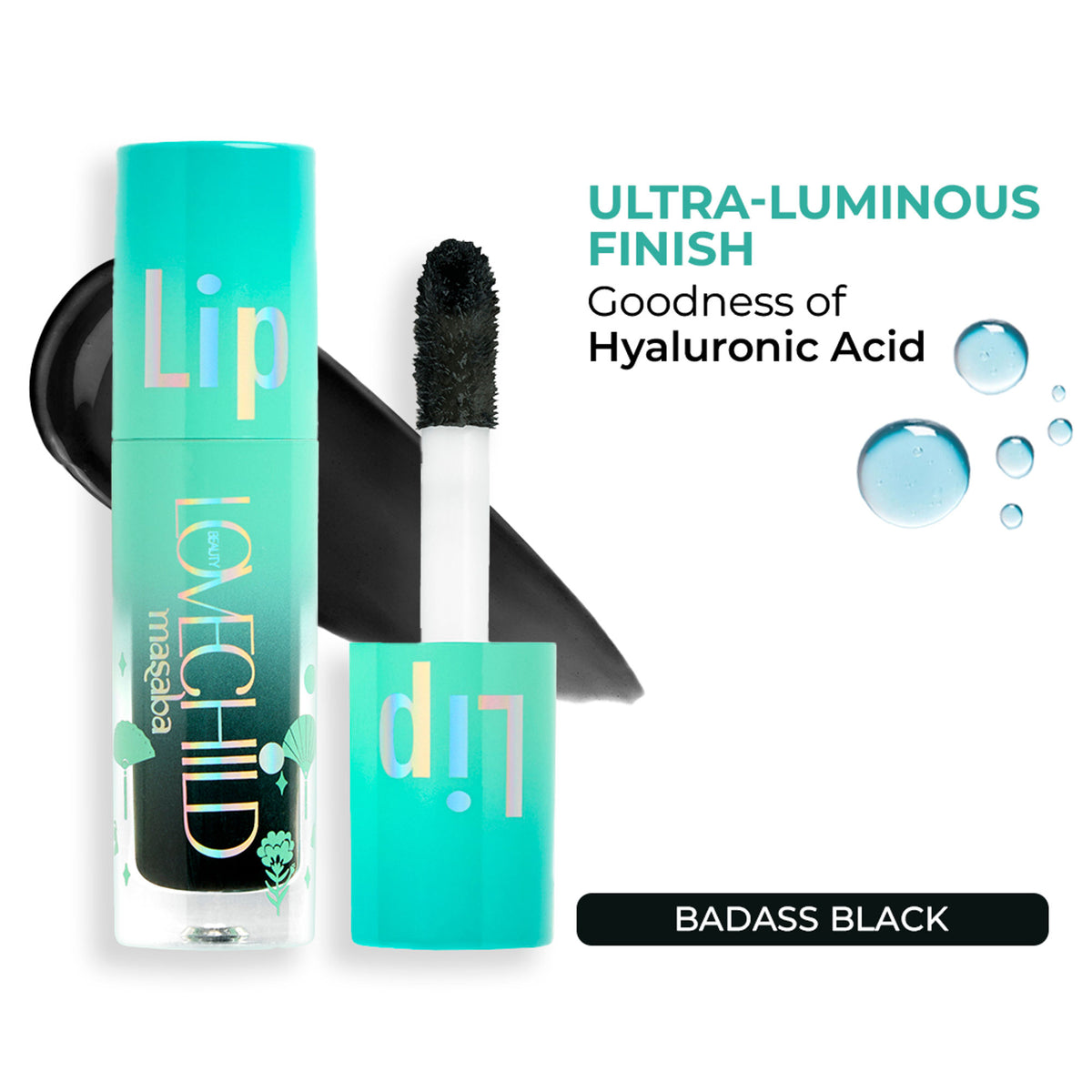 LoveChild Masaba tinted lip gloss gelato with jojoba oil and shea butter in Badass Black, smooth, glossy lip product.