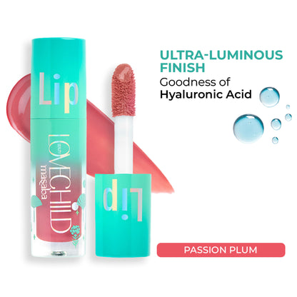 LoveChild Masaba Lovechild Masaba tinted lip gloss gelato in Passion Plum with jojoba oil and shea butter, showing glossy finish and vibrant color.