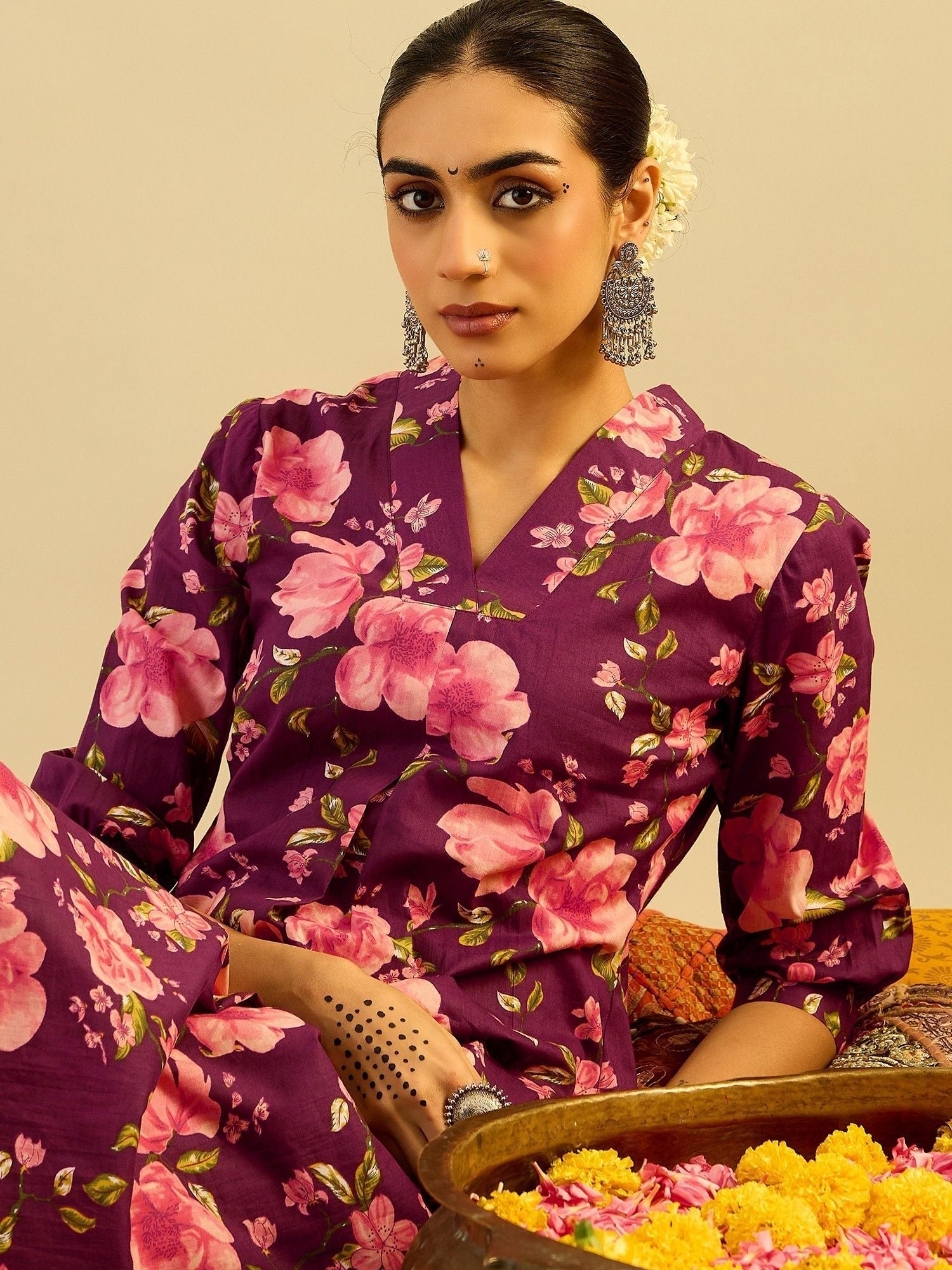 Floral Printed V-Neck Pure Cotton A-Line Kurta with Trouser