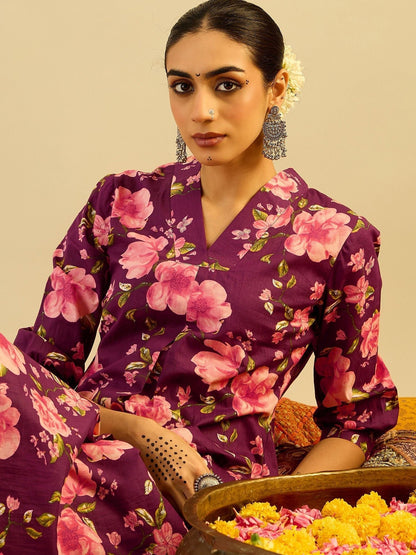 Floral Printed V-Neck Pure Cotton A-Line Kurta with Trouser