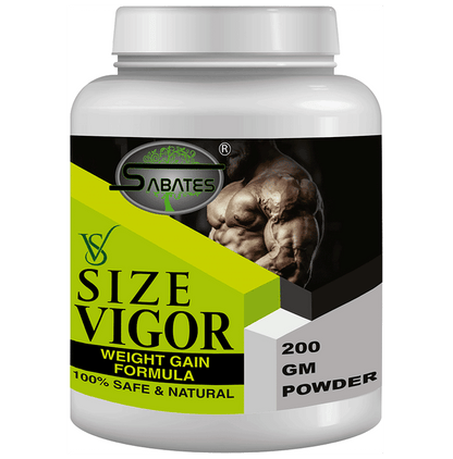 Sabates Vigour Weight Gain Formula powder in a jar, a health drink supplement for boosting weight and vitality.