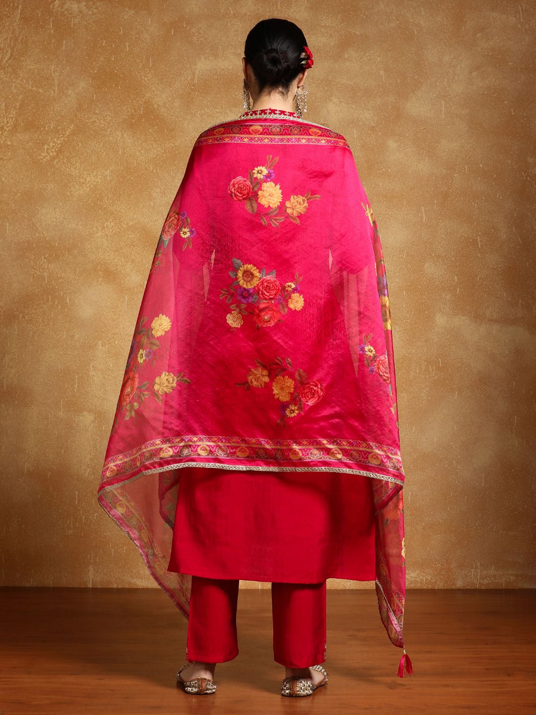 Indyancart VA Women'sFloral Embroidered Mandarin Collar A-Line Kurta With Trousers & Dupatta