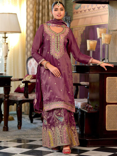 Dhiyona IE Floral Embroidered Sequinned Straight Kurta With Palazzos & Dupatta