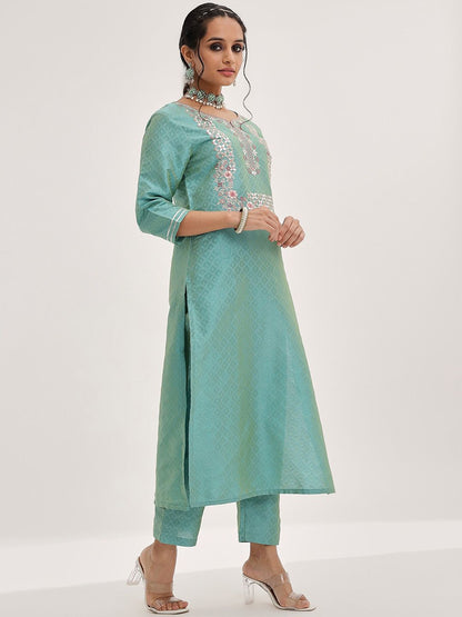 Indyancart VA Women'sFloral Yoke Design Gotta Patti Kurta & Trousers With Dupatta