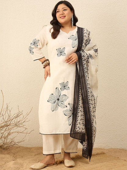 Indyancart Women's Floral Printed Regular Kurta with Trousers & With Dupatta
