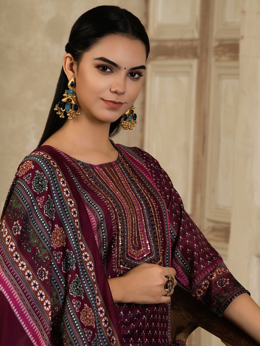 Indyancart SN Women's Floral Printed Round Neck Silk Blend Straight Kurta With Trousers & Dupatta