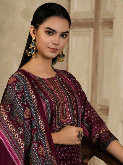 Indyancart SN Women's Floral Printed Round Neck Silk Blend Straight Kurta With Trousers & Dupatta