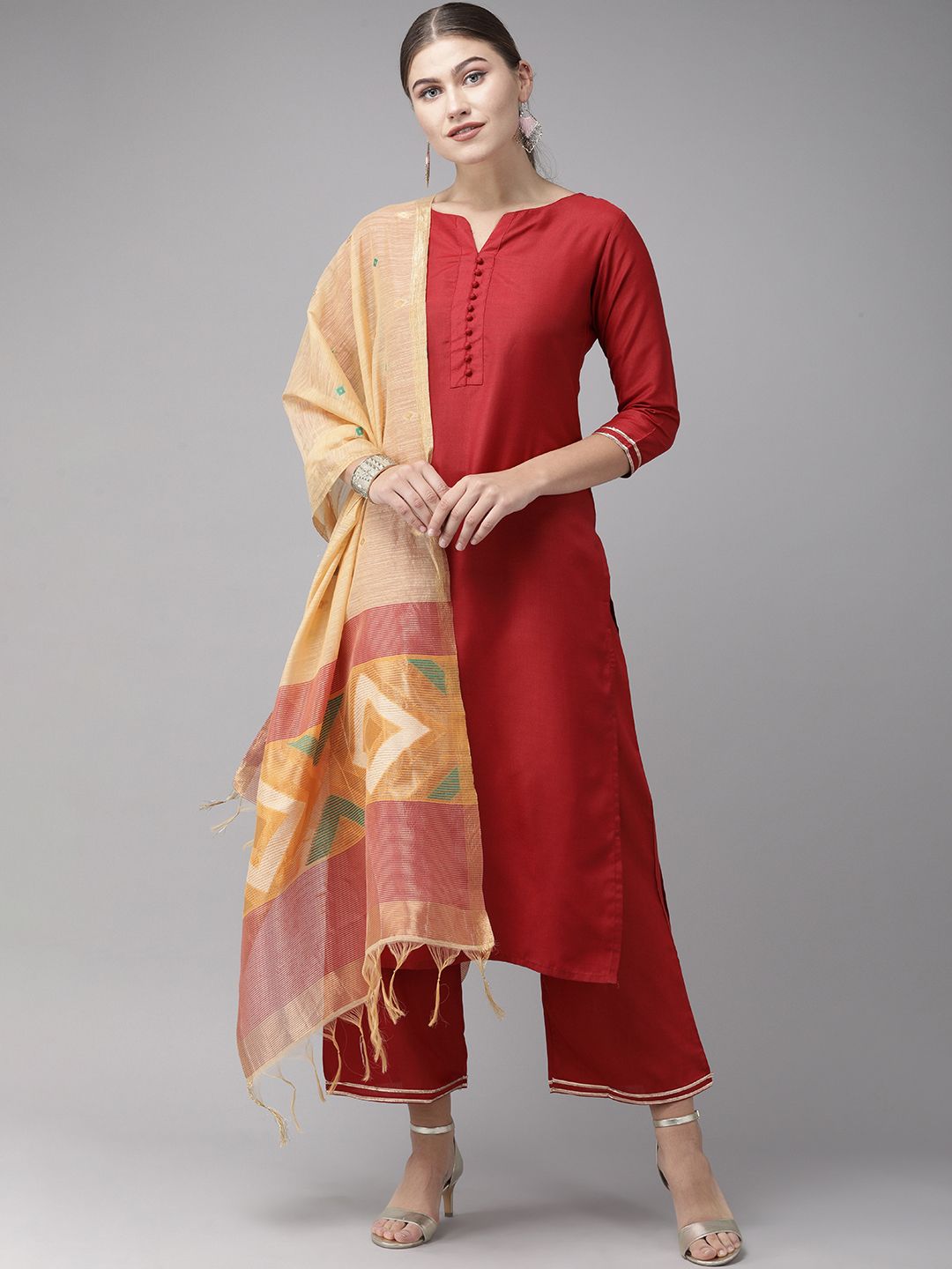 Dhiyona IE Women Maroon Solid Kurta with Palazzos & Dupatta