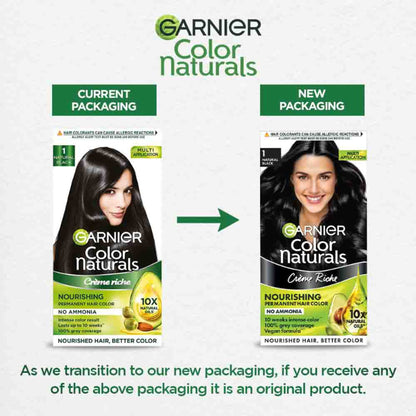 Garnier Hair Colouring Creme,Long-lasting,Smoothness & Shine,Color Naturals - 1 Natural Black