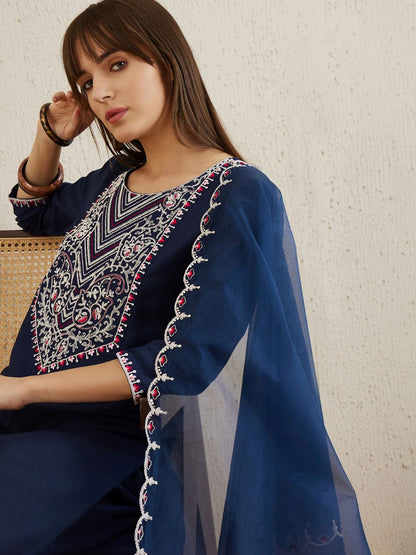 Indyancart IE Navy Blue Embroidered Yoke Design Aari Work Kurta With Trousers & Dupatta