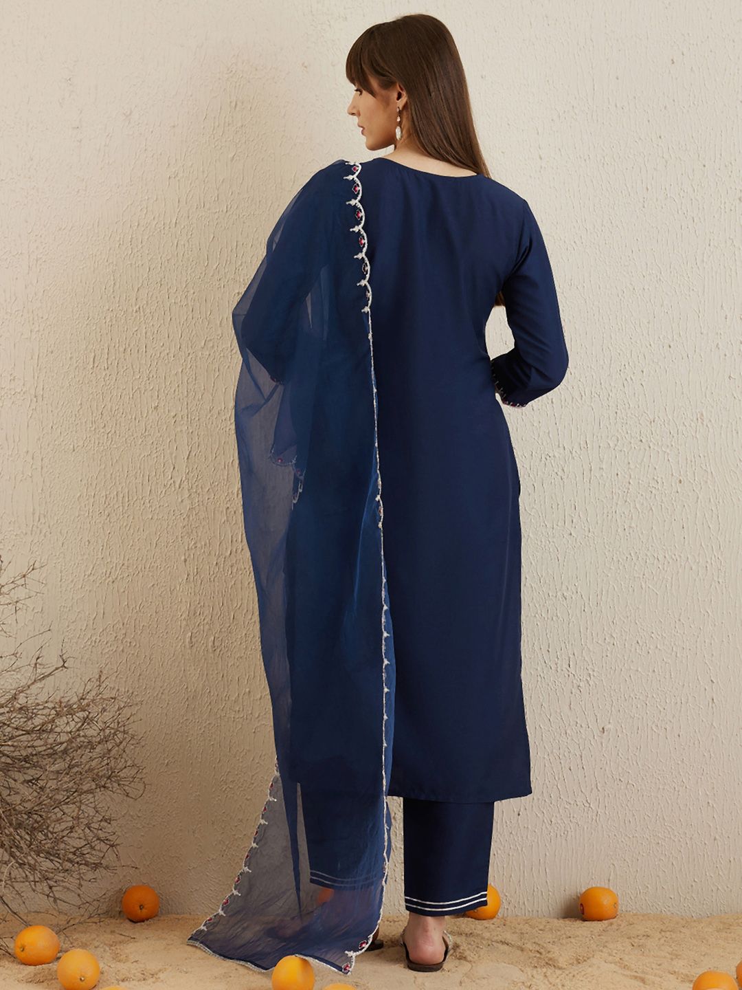 Indyancart IE Ethnic Motifs Yoke Design Round Neck Thread Work Kurta with Trousers & Dupatta