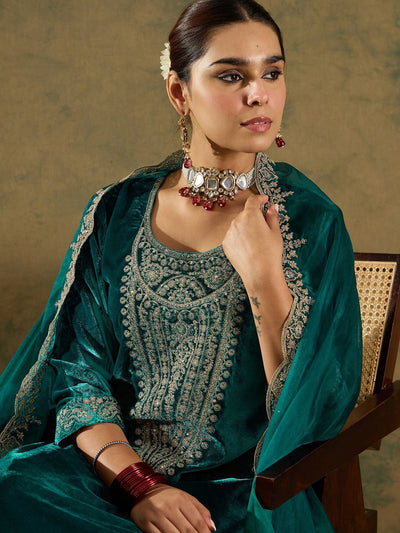 Indyancart IE Ethnic Motifs Embroidered Regular Velvet Straight Kurta with Trousers & Dupatta