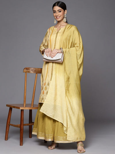 Indyancart VA Women's Yellow Striped Mukaish Kurta with Sharara & With Dupatta