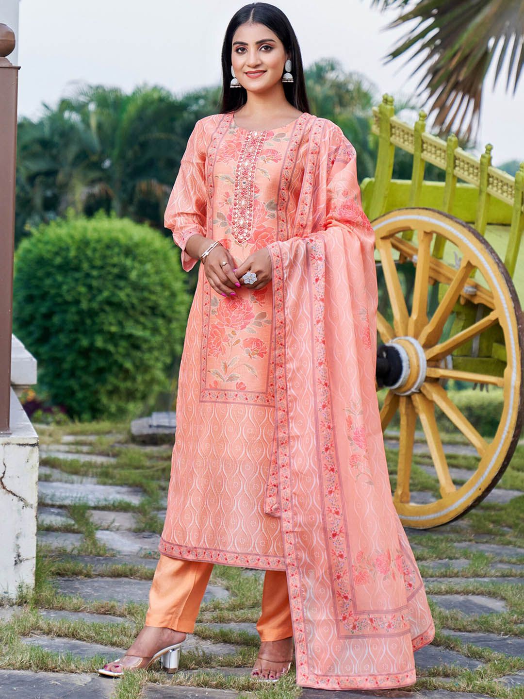 Indyancart IE Pink Floral Embroidered Round Neck Straight Kurta with Trousers & Dupatta