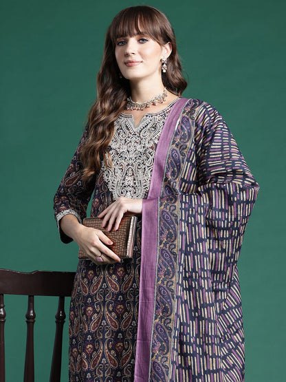 Paisley Printed Thread Work Pure Cotton Kurta With Trousers & Dupatta
