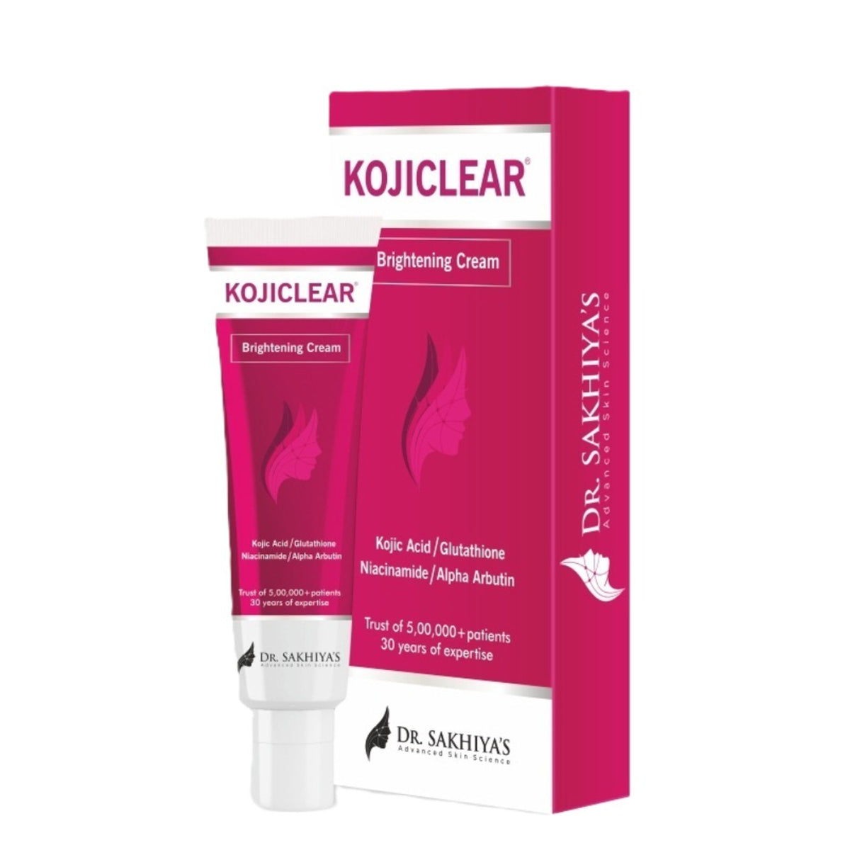 Dr. Sakhiya Kojiclear whitening face cream with kojic acid and glutathione for brightening and tan removal, shown in a jar.