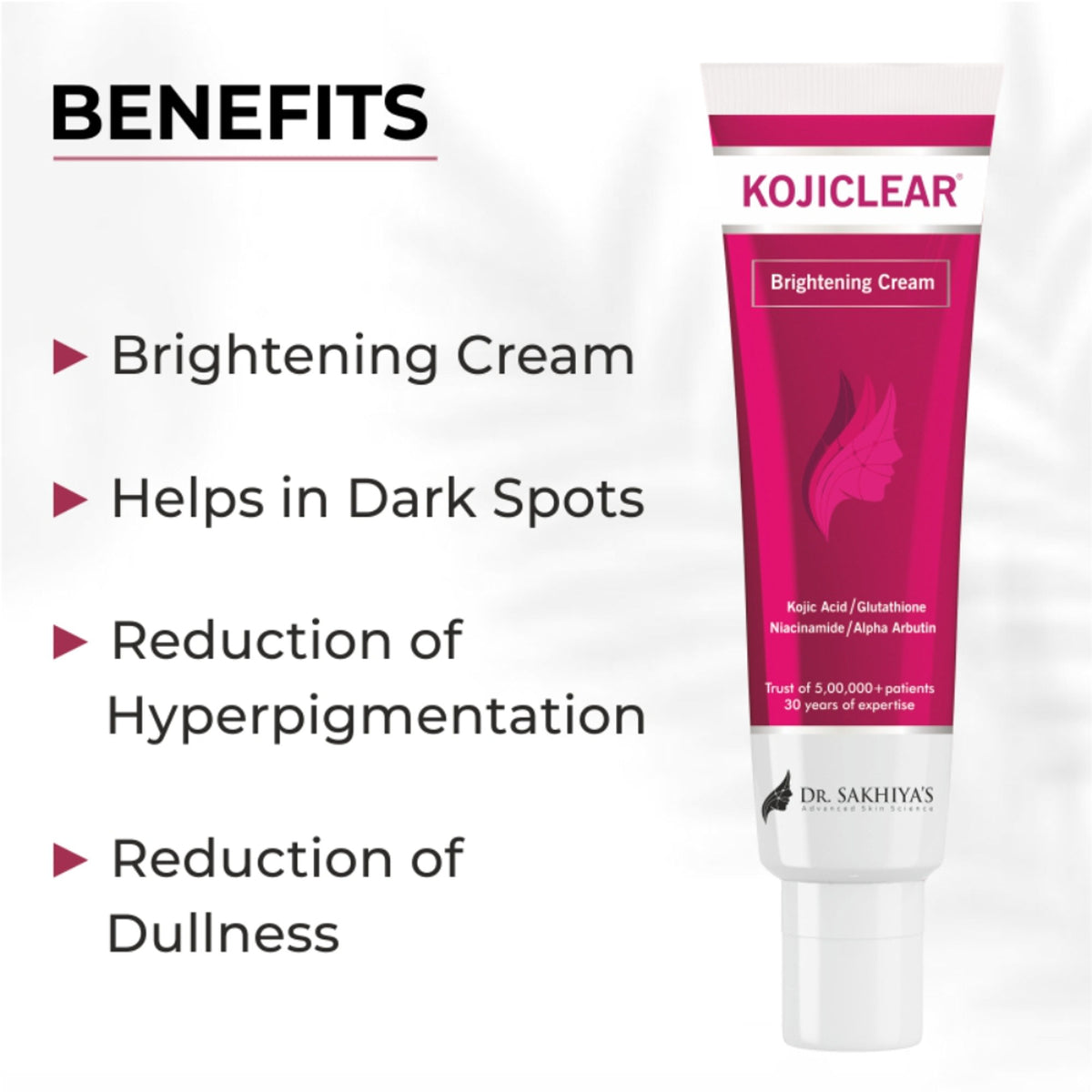 Dr. Sakhiya Kojiclear whitening face cream jar with kojic acid and glutathione for brightening and tan removal on a white background.