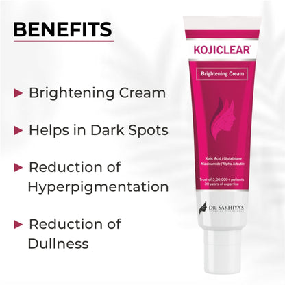 Dr. Sakhiya Kojiclear whitening face cream jar with kojic acid and glutathione for brightening and tan removal on a white background.
