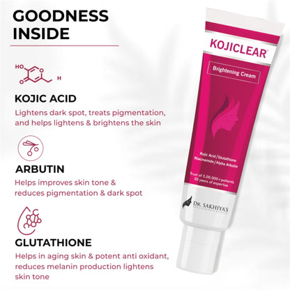 Dr. Sakhiya Kojiclear whitening face cream jar with kojic acid and glutathione, designed for brightening and tan removal.