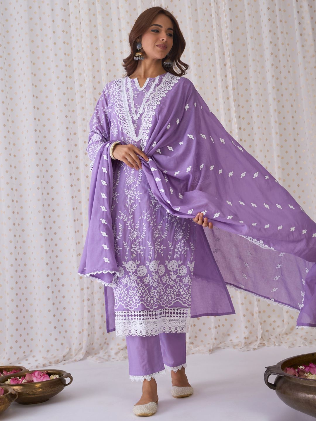 Floral Embroidered Pure Cotton Straight Kurta With Trousers & Dupatta