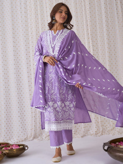 Floral Embroidered Pure Cotton Straight Kurta With Trousers & Dupatta