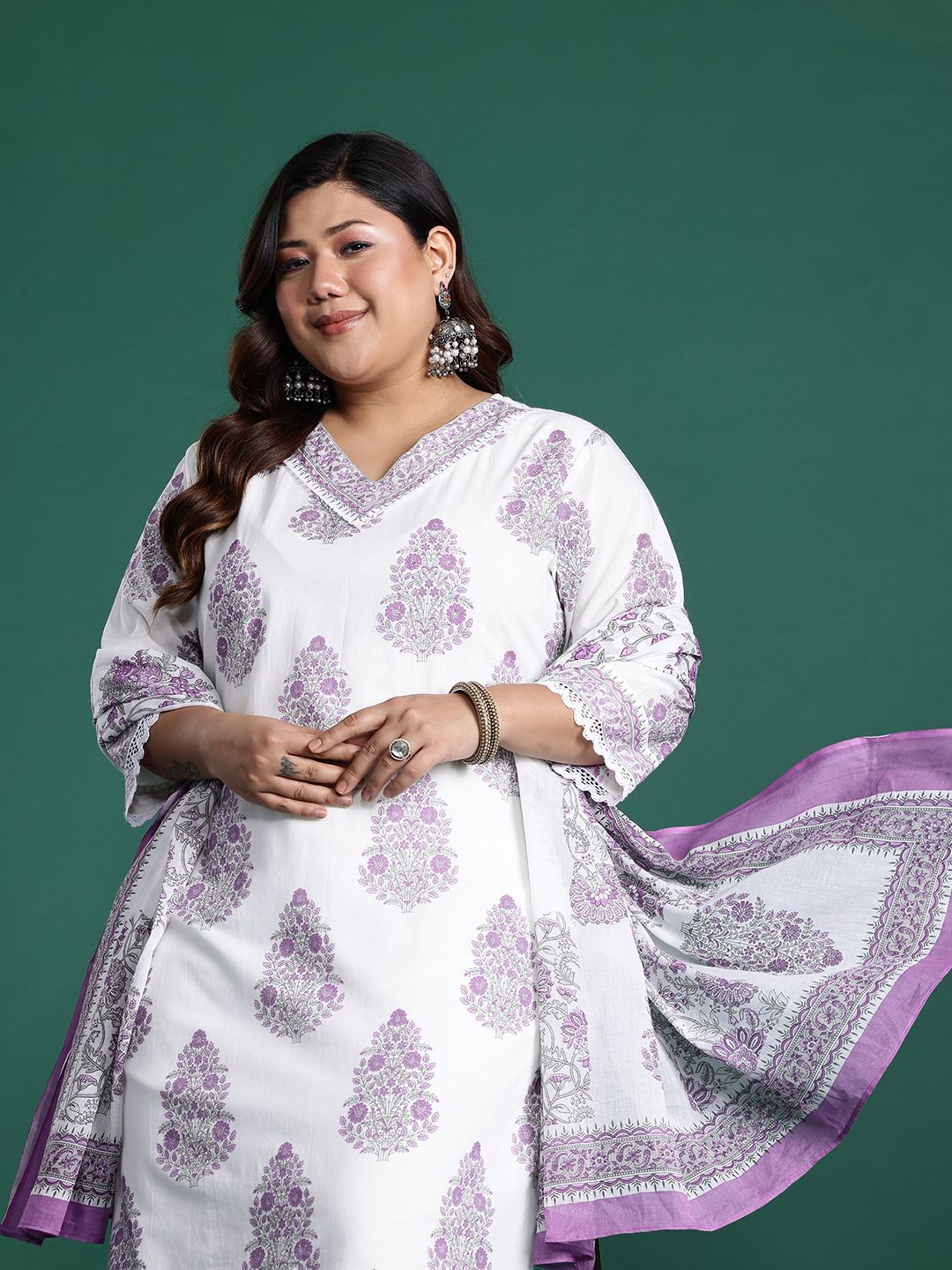 Plus Size Floral Printed Sequinned Pure Cotton Kurta with Trousers & With Dupatta