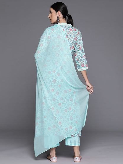 Indyancart VA Women's Floral Printed Empire Mirror Work Cotton Kurta with Trousers & With Dupatta