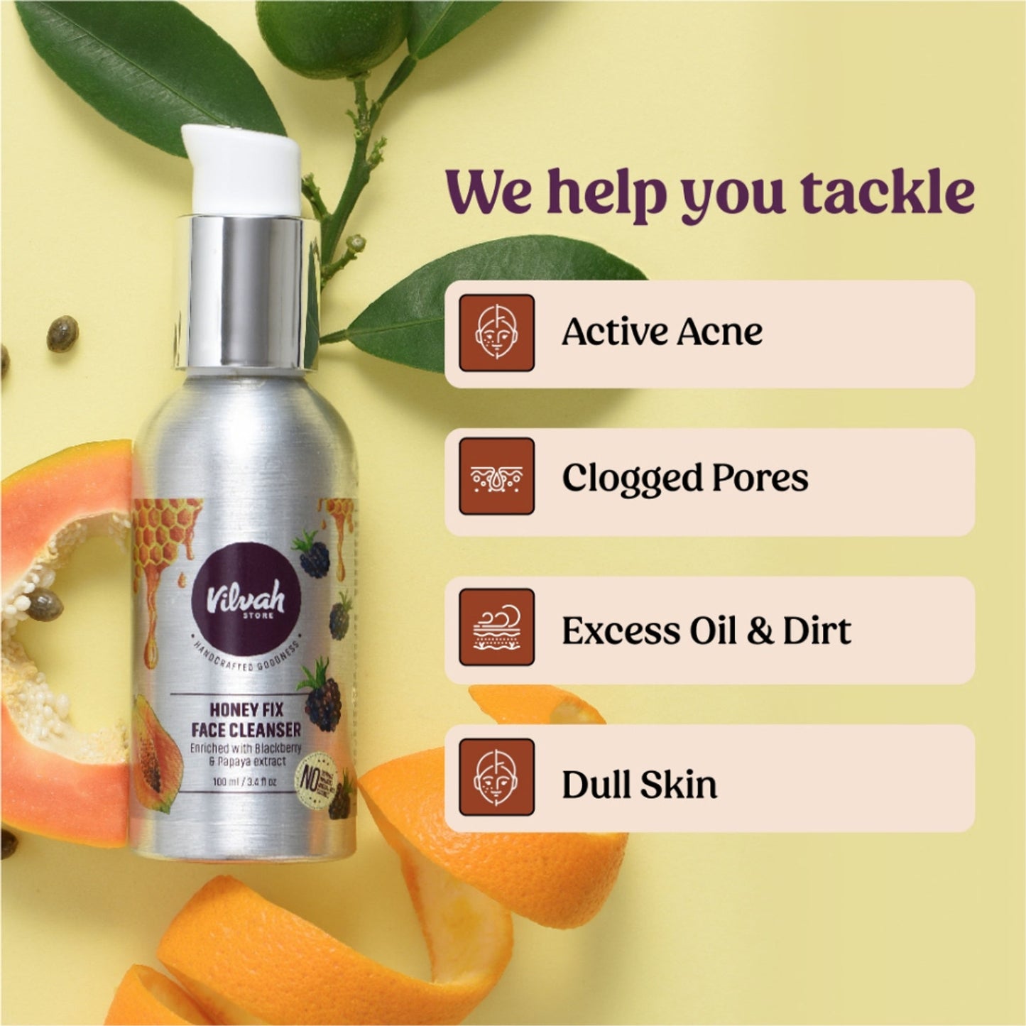 Vilvah Honey Fix Face Wash To Treat Acne, Control Oil & Balance Ph With Honey & Papaya Extract