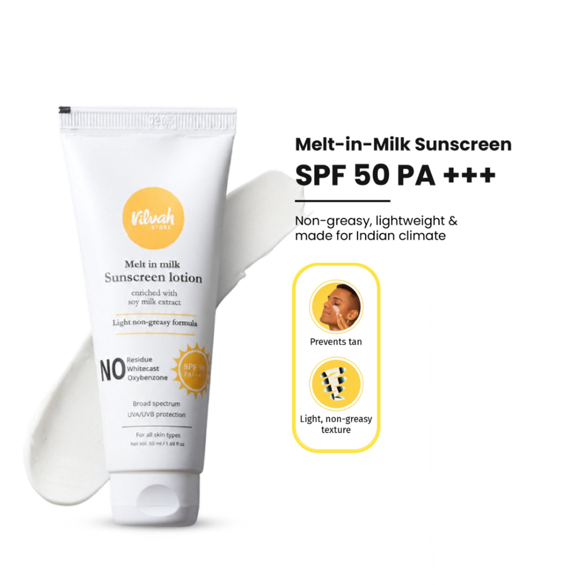 VILVAH Melt-in-milk Sunscreen Acne Safe & Waterproof with SPF 50 PA+++ & No White Cast