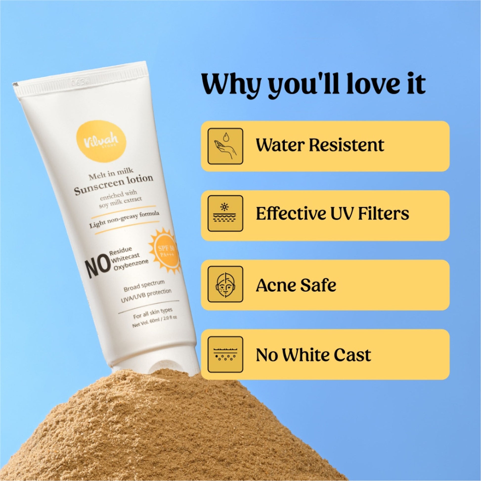 VILVAH Melt-in-milk Sunscreen Acne Safe & Waterproof with SPF 50 PA+++ & No White Cast