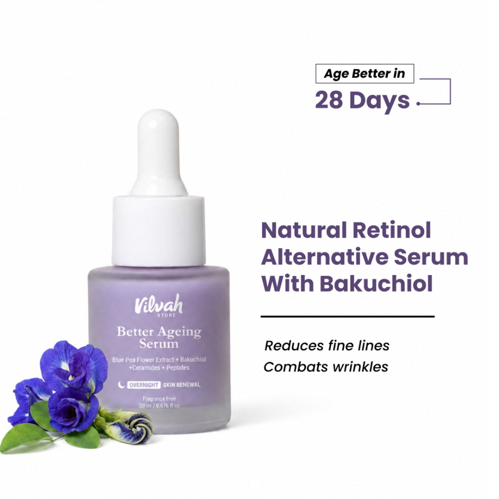 VILVAH Better Ageing Overnight Serum with BluePea Flower Extract, Bakuchiol, Ceramides & Peptides