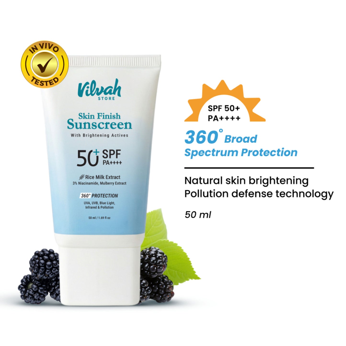 VILVAH Skin Finish Face Brightening Sunscreen SPF 50+ PA++++ With New Age Uv Filters