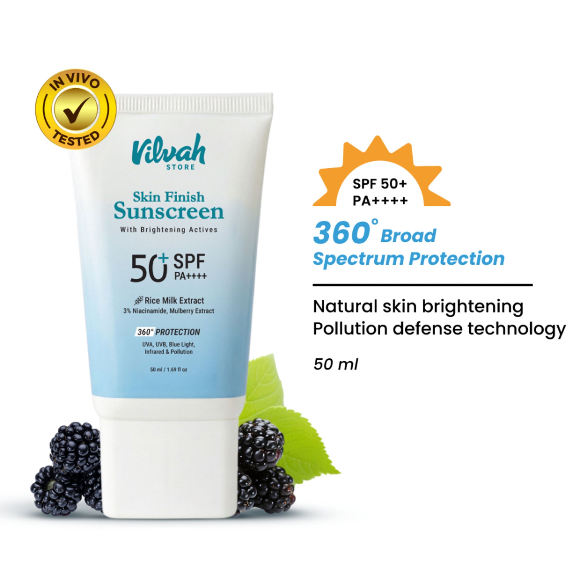 VILVAH Skin Finish Face Brightening Sunscreen SPF 50+ PA++++ With New Age Uv Filters