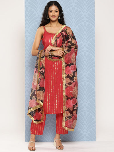 Indyancart VA Women'sStriped Regular Pure Cotton Kurta with Trousers & With Dupatta