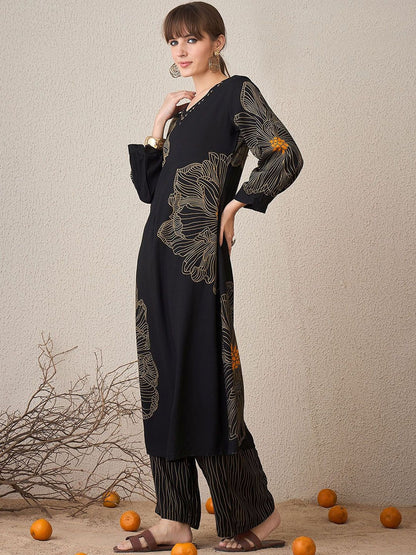 Indyancart IE Floral Printed V-Neck Tunic With Palazzo