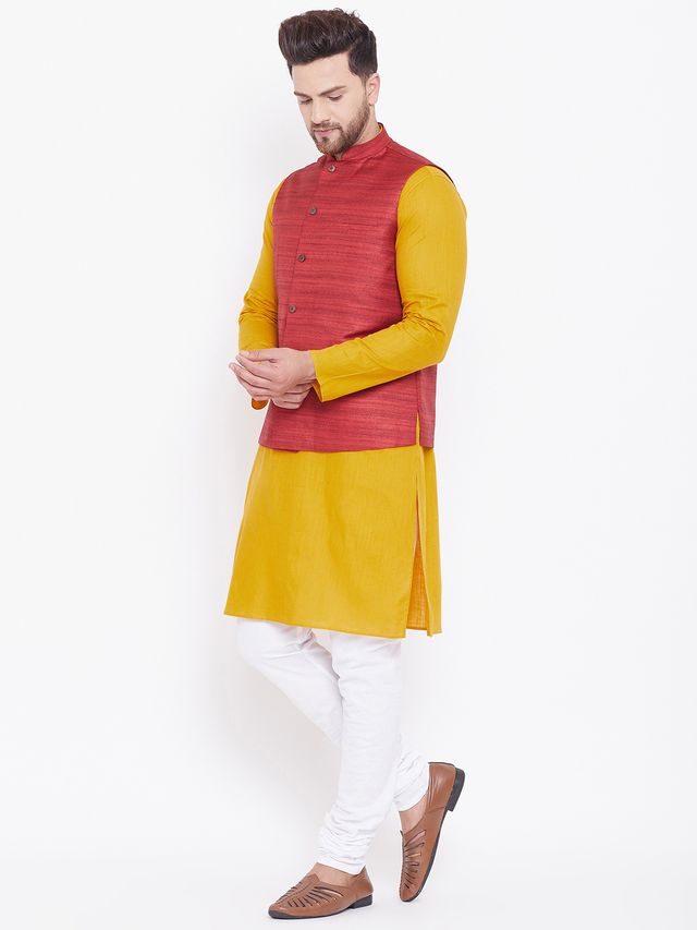 Men's Mustard Cotton Blend Straight Jacket  Kurta and Pyjama Set