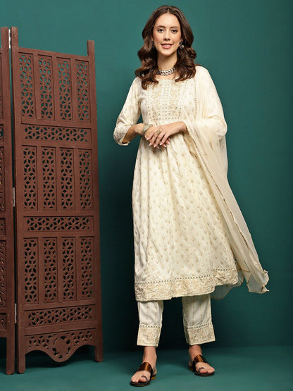 Indyancart SN Women's Printed & Embroidered Anarkali Kurta With Trouser & Dupatta Set