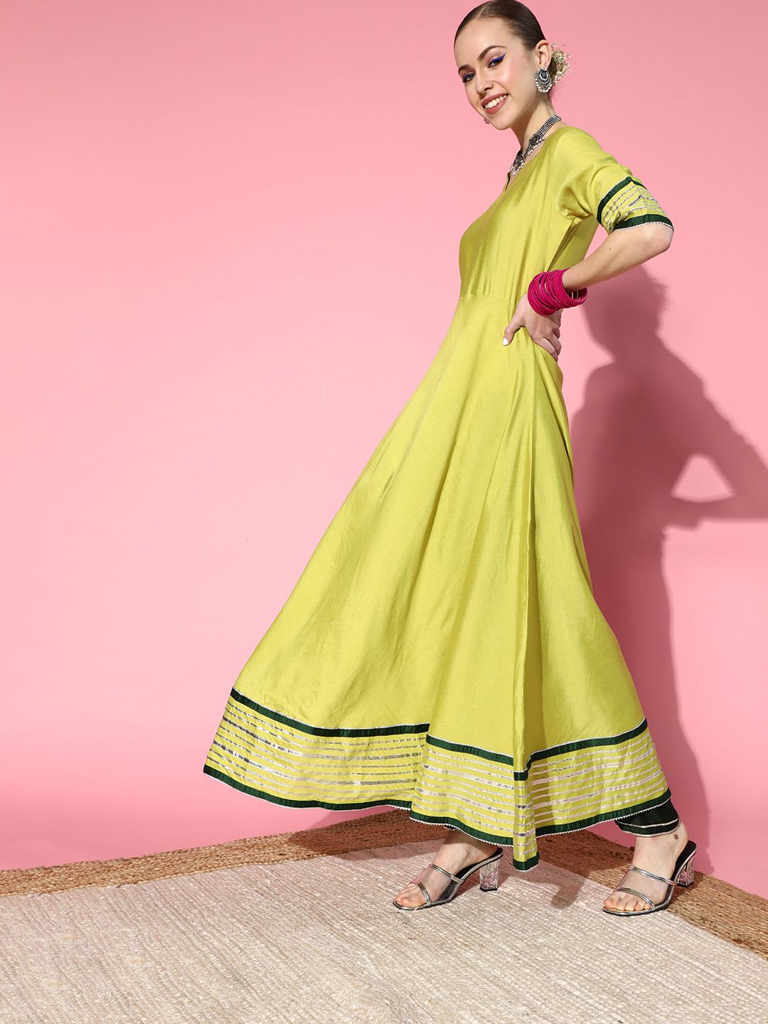 Indyancart IE Women Stylish Green Liva Swirling Volume Kurta