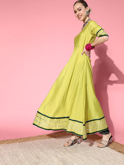 Indyancart IE Women Stylish Green Liva Swirling Volume Kurta