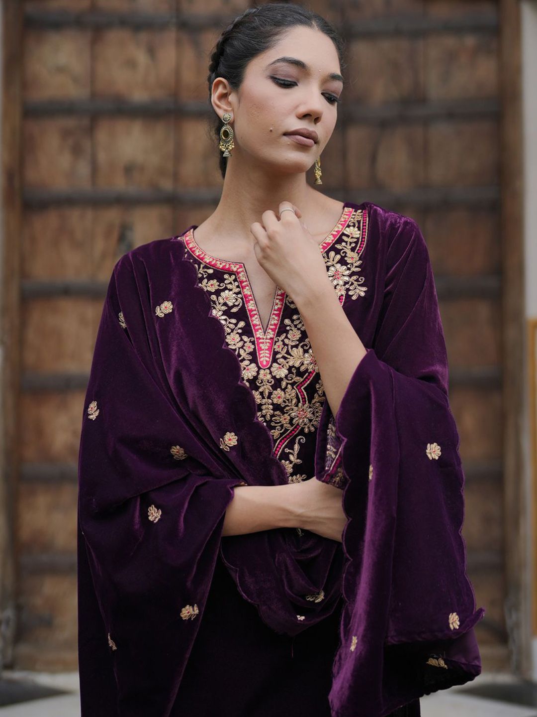 Indyancart IE Women Ethnic Motifs Embroidered Regular Velvet Kurta with Trousers & With Dupatta