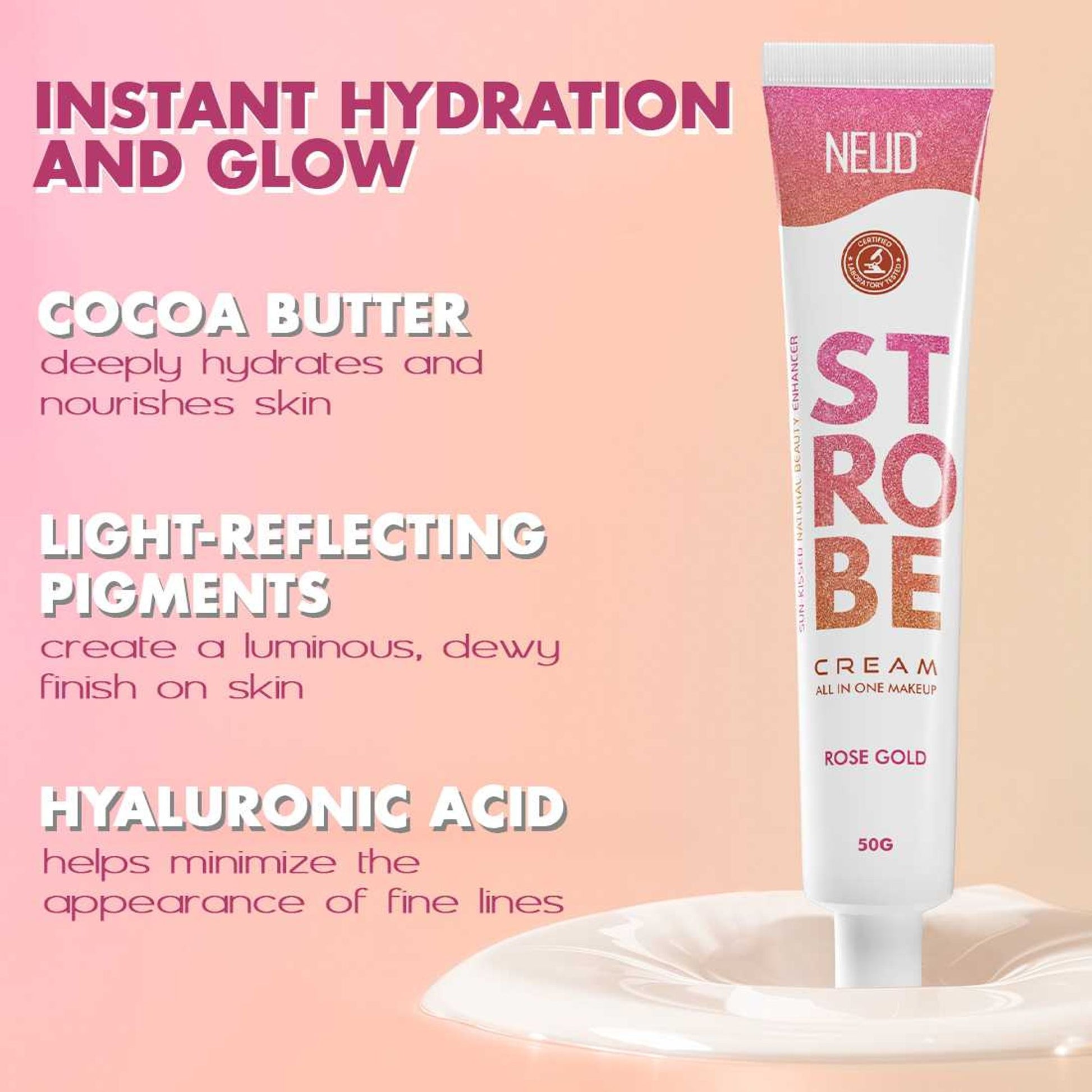 Neud Strobe Cream Rose Gold For Glowing Skin With Hyaluronic Acid & Cocoa Butter