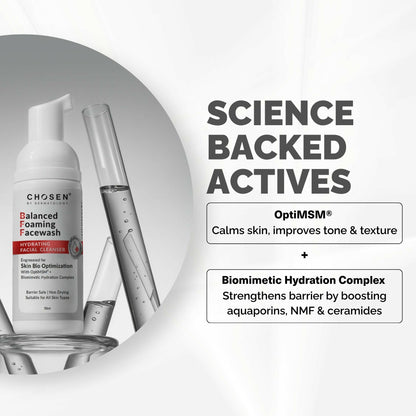 Chosen Balanced Foaming Facewash daily cleanser with Optimsm, showing a bottle with foam lather and fresh skincare ingredients.
