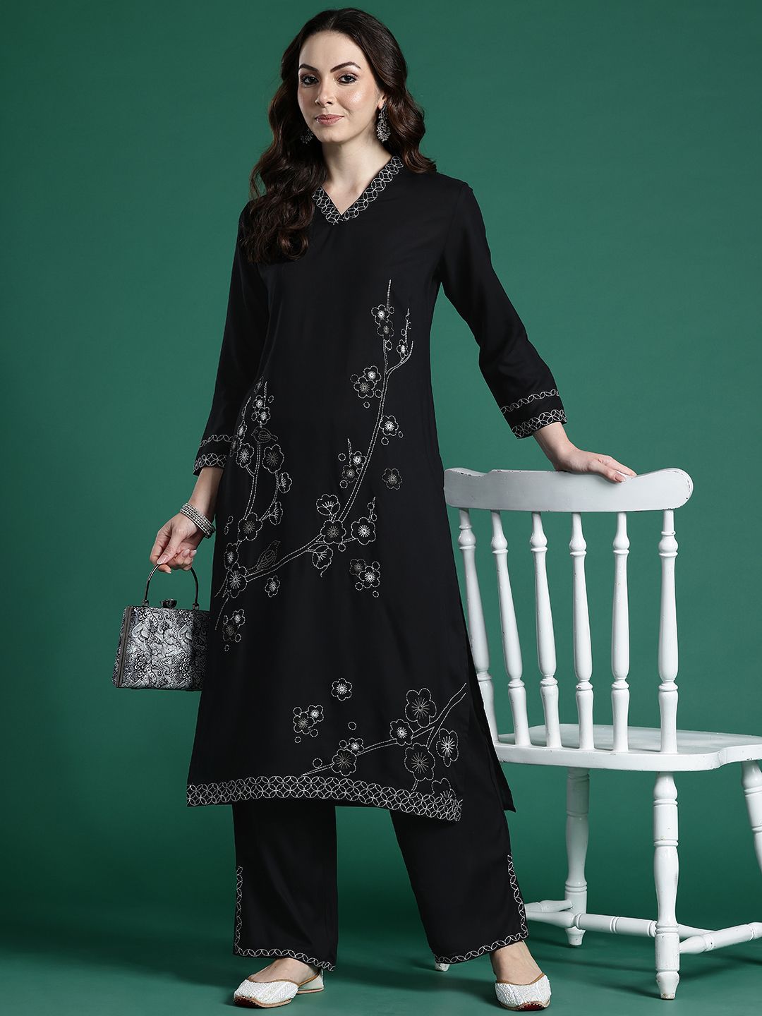 Floral Embroidered Regular Kurta with Trousers